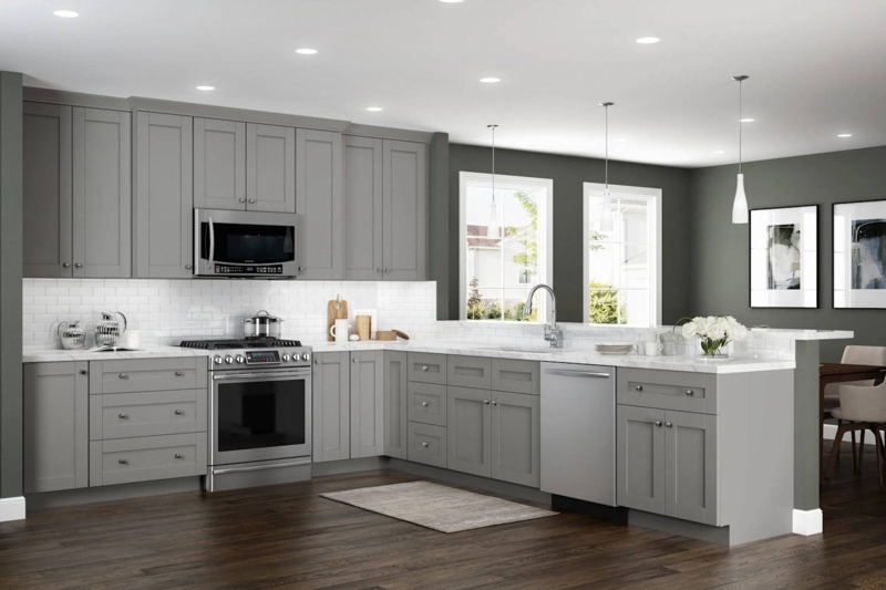 Grey Shaker Kitchen Cabinets with White Subway Tile Backsplash