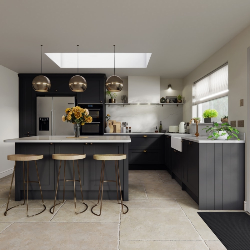 Grey Shaker Kitchen Island with Tuck-Away Seating and Wood Accents