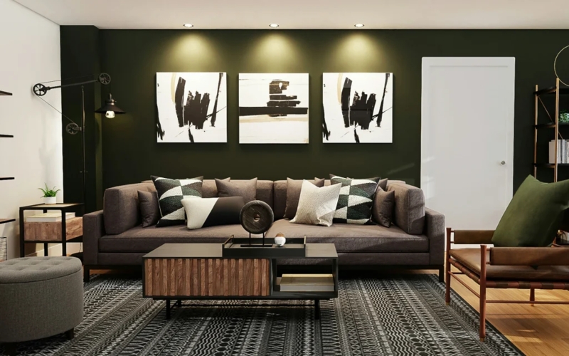 Grey Sofa Living Room with Olive Green Wall and Abstract Triptych