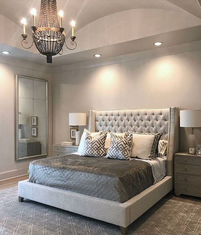 Grey Tufted Headboard Upholstered Bed with Beaded Chandelier