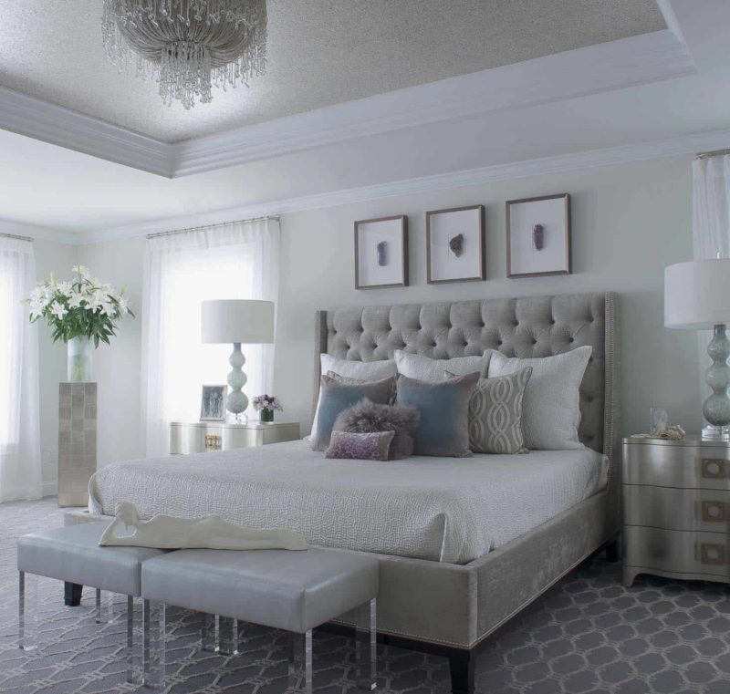 Grey Tufted Wingback Bed with Acrylic Bench and Tiered Chandelier