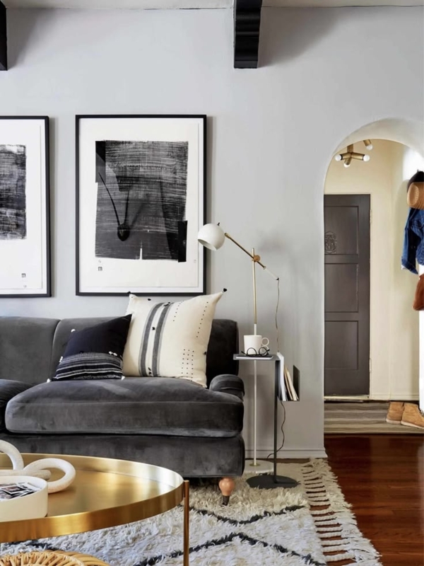Grey Velvet Sofa Styling in Contemporary Living Room with Gold Accents