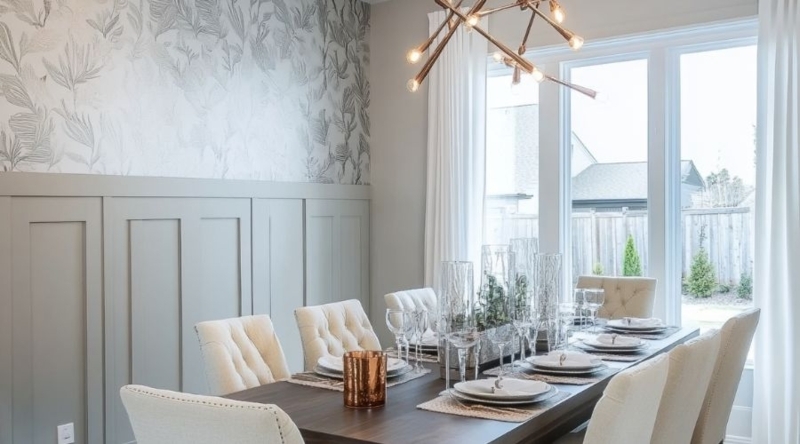 Grey Wainscoting Dining Room with Botanical Wallpaper Accent