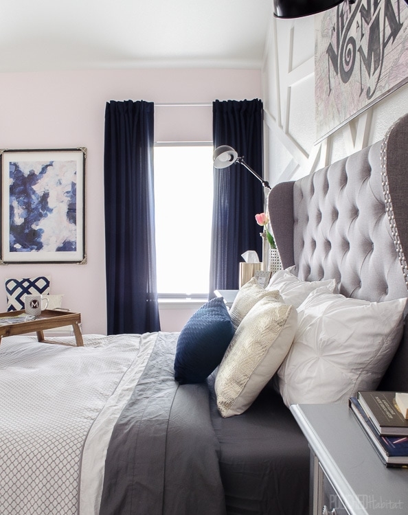 Grey Wingback Bed with Tufted Headboard and Breakfast Tray styling