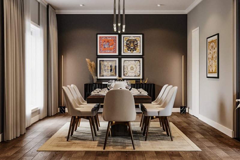 Grid Gallery Wall Art Styling in Dark Accent Wall Dining Room