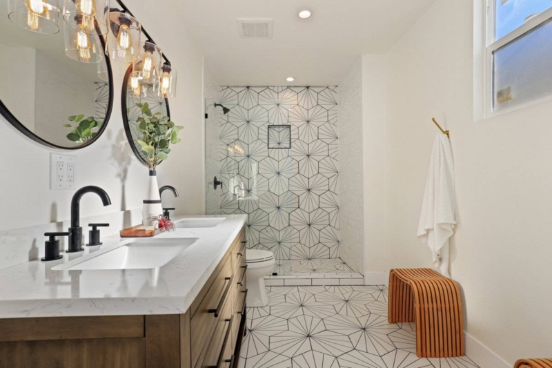 Guest Bathroom Starburst Geometric Tile Wood Vanity