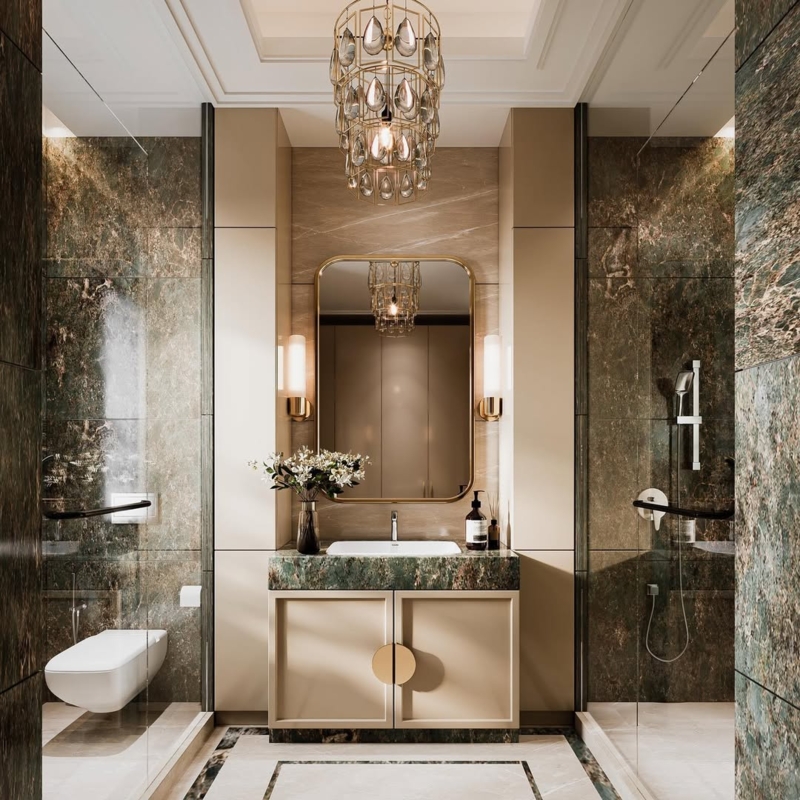 Guest Bathroom with Green Marble Walls and Crystal Chandelier