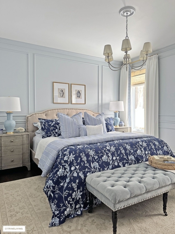 Guest Bedroom Design with Blue Wall Paneling and Navy Bedding
