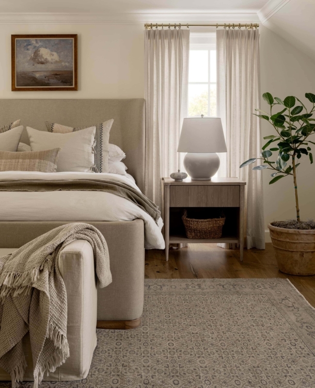 Guest Bedroom Styling with Fluted Wood Nightstand and Layering