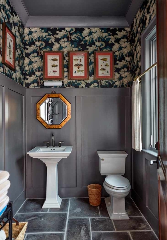 Half Bath Moody Powder Room: Charcoal Wainscoting and Botanical Wallpaper