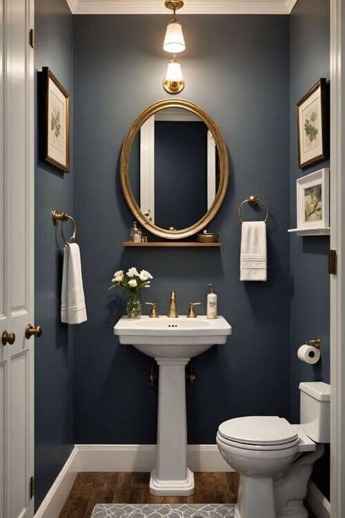 Half Bath Navy Blue Powder Room with Gold Hardware and Pedestal Sink