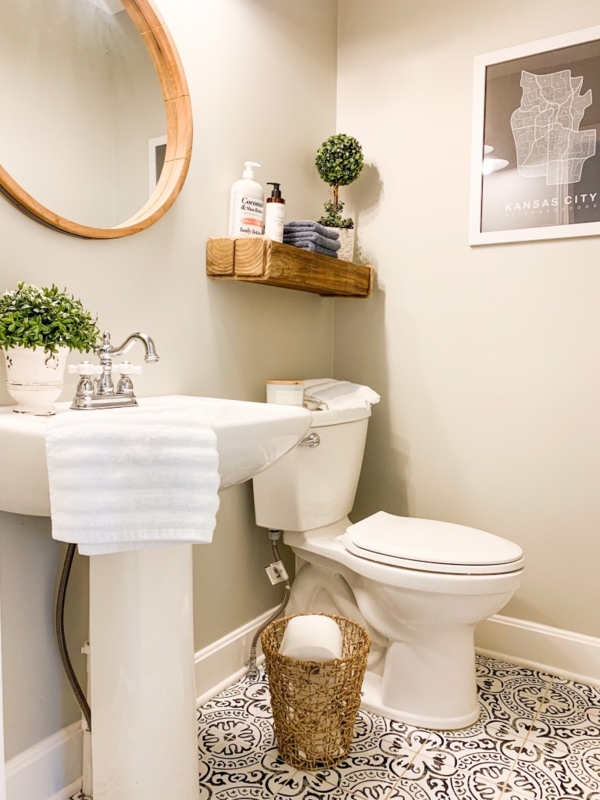 Half Bath Small Bathroom Ideas: Patterned Tile and Chunky Wood Shelf