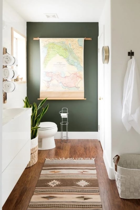 Half Bath Vintage Map Wall Decor with Forest Green Accent Wall