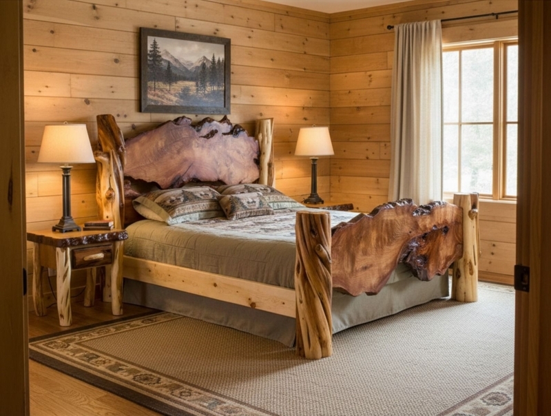 Handcrafted Live Edge Log Bed In Rustic Mountain Lodge Bedroom