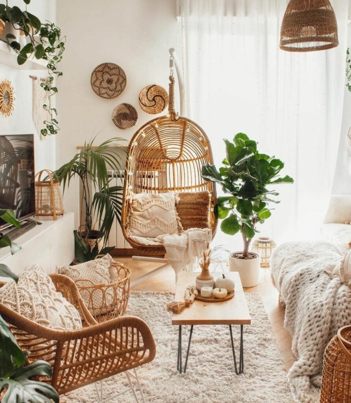 Hanging Chair in Boho Living Room with Chunky Knit Throw