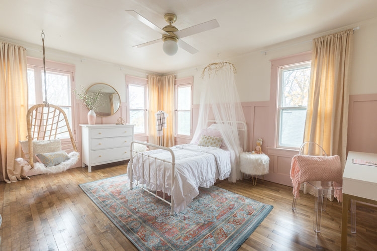 Hanging Egg Chair in Bedroom with Pink Wainscoting