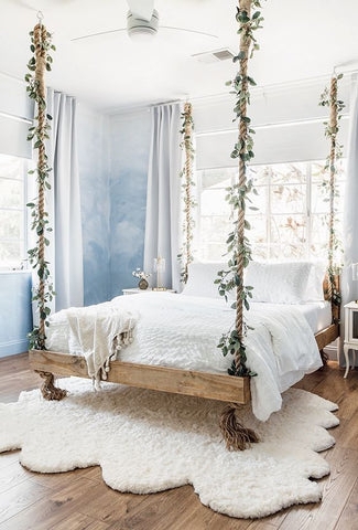 Hanging Platform Bed with Vine Ropes and Cloud Mural