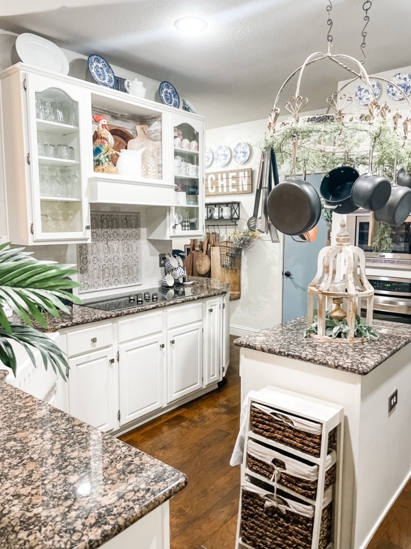 Hanging Pot Rack, Wicker Storage Bins, White French Country Kitchen