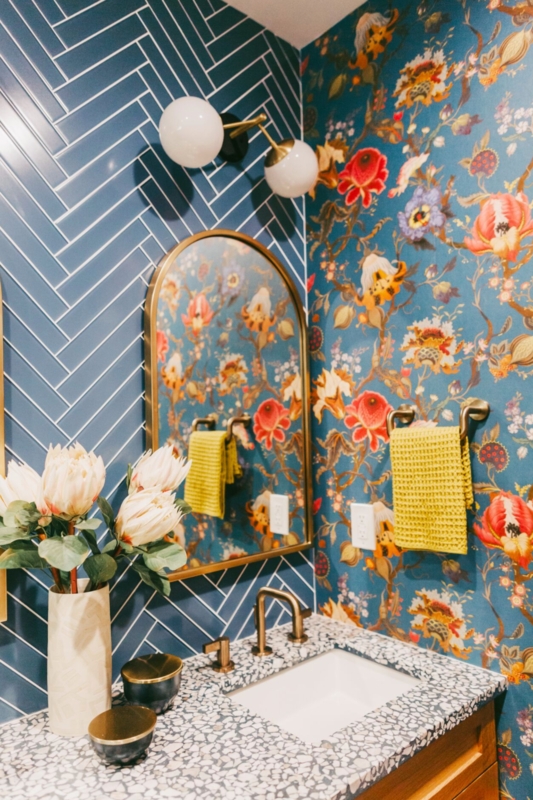 Herringbone Backsplash & Floral Wallpaper Vanity Area