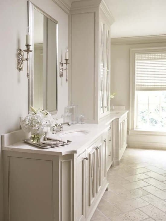 Herringbone Bathroom Floor Tile with Tall Built-in Cabinet