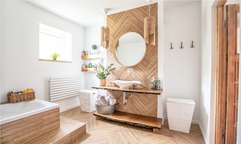 Herringbone Wood Bathroom Accent Wall with Live-Edge Vanity