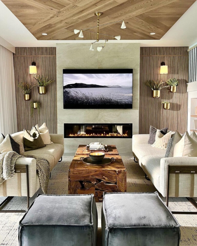 Herringbone Wood Ceiling Slat Wall Living Room