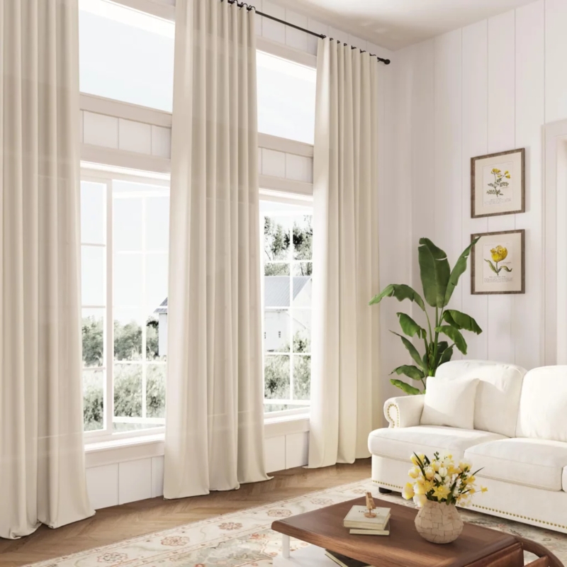 Herringbone Wood Floors with Floor to Ceiling Curtains
