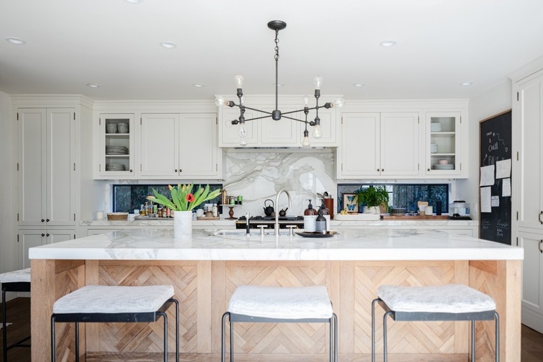 Herringbone Wood Kitchen Island Base with Black Multi Arm Chandelier