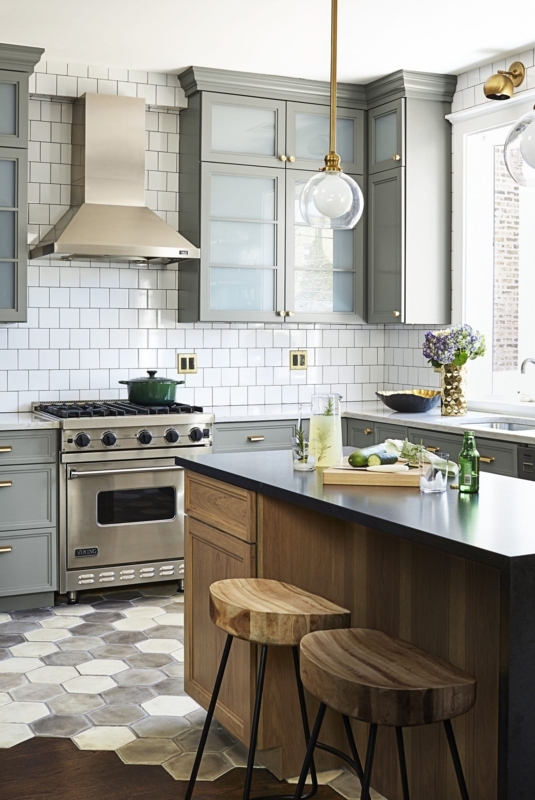 Hexagonal Kitchen Floor Tile Ideas with Grey Cabinets