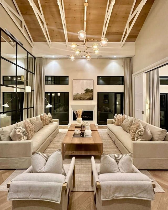 High Ceiling Exposed Trusses Decor Symmetrical Layout