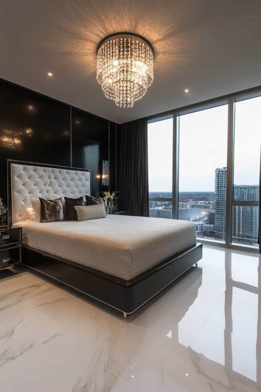 High-Gloss Black Panel Platform Bed with Tiered Crystal Chandelier
