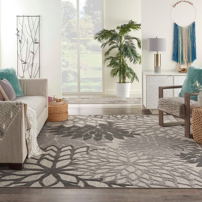 High-Low Pile Outdoor Rug Silver Charcoal Floral Scroll Textured