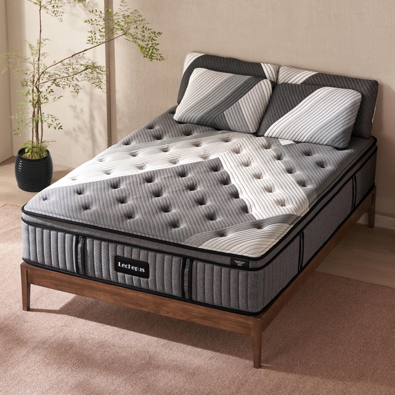 High Profile Hybrid Mattress, Swirl Quilted Top, Two Tone Fabric, Minimalist Bedroom