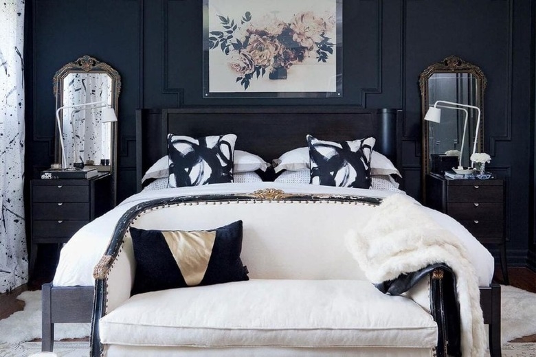 Hollywood Glam Bedroom Styling with White Bench and Ornate Mirrors