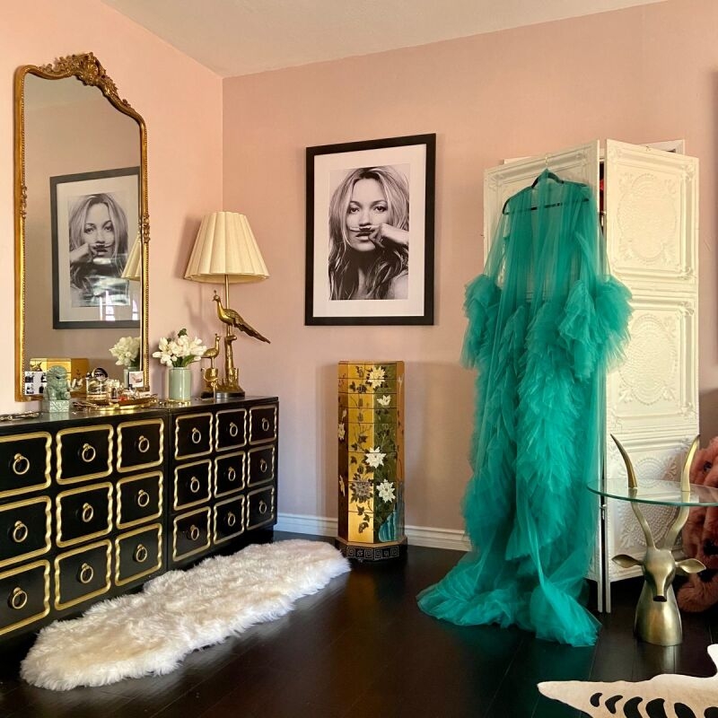Hollywood Regency Bedroom Decor Ideas with Teal Tulle Gown Accent