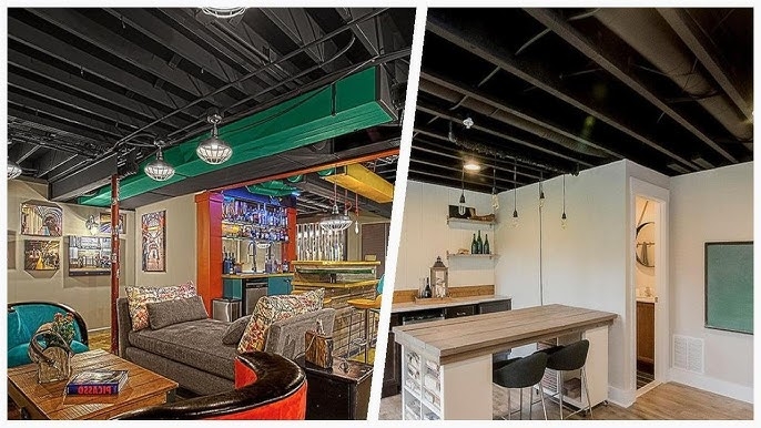 Home Bar Design with Colorful Bar Accents and Black Painted Ceiling