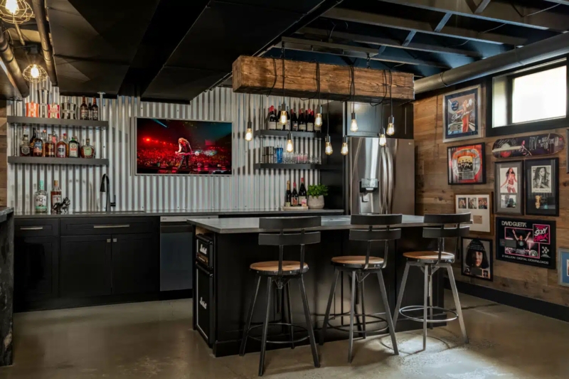 Home Bar with Corrugated Metal Kitchen Backsplash and Wood Beam Light