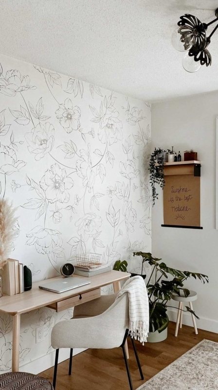 Home Office Boho Workspace featuring Kraft Paper Scroll Decor