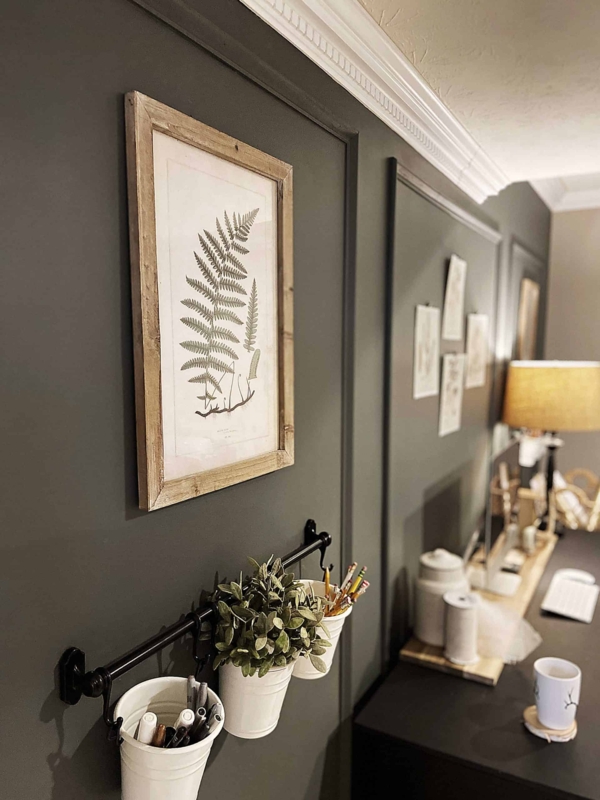 Home Office Wall with Hanging Storage Rail and Olive Molding