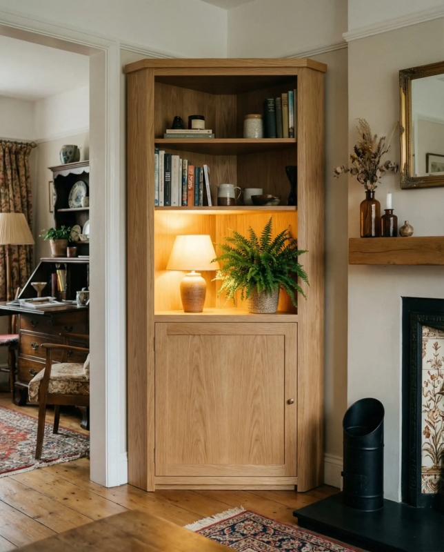 Honey Oak Corner Cabinet with Open Shelves and Traditional Style