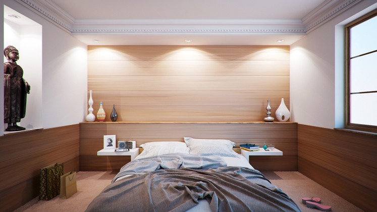 Horizontal Wood Plank Accent Wall with Integrated Wall Niche Design