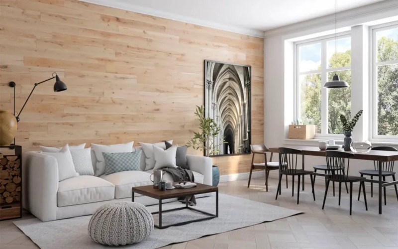 Horizontal Wood Plank Wall in Scandinavian Modern Living Room