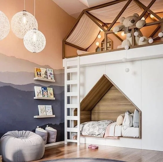 House Shaped Loft Bed, Ombre Mural Wall, Whimsical Playroom Combo.
