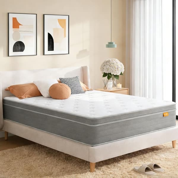 Hybrid Mattress, 14 Inch Profile, White & Grey, High Profile Quilted Mattress