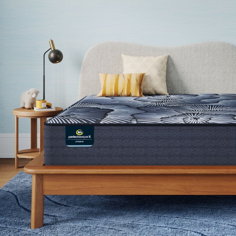 Hybrid Mattress, Charcoal Side Panels, Blue Piping Accent, Modern Bedroom