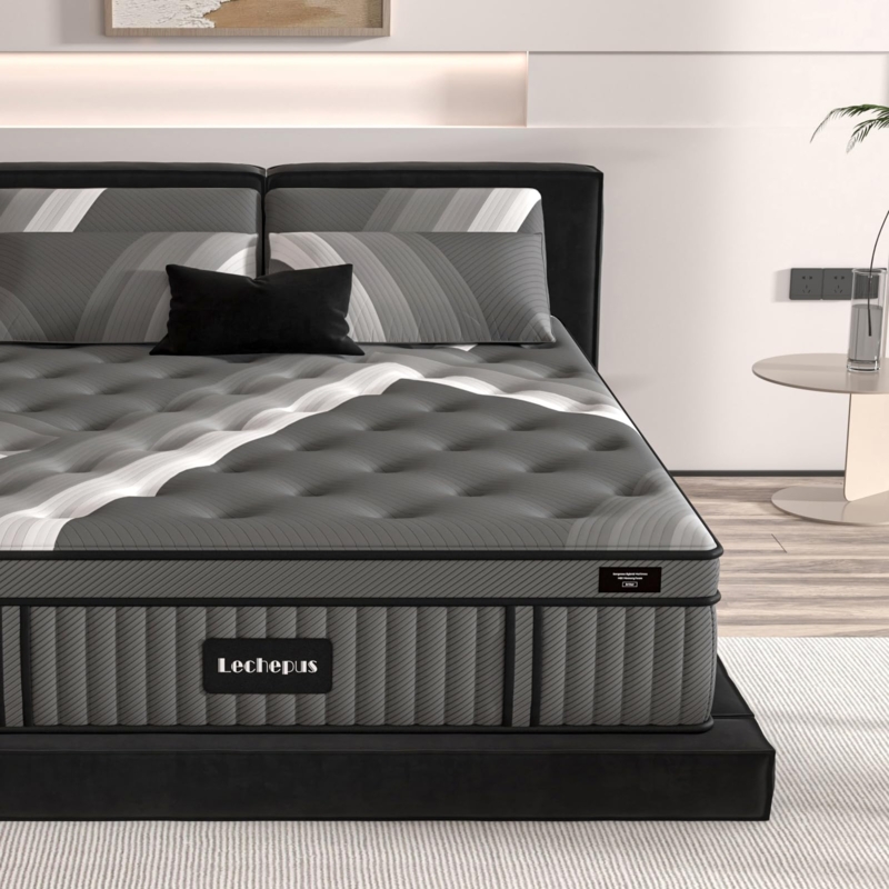 Hybrid Mattress, Diamond Quilted Top, Contrasting Gray Sides, Modern Minimalist Bedroom