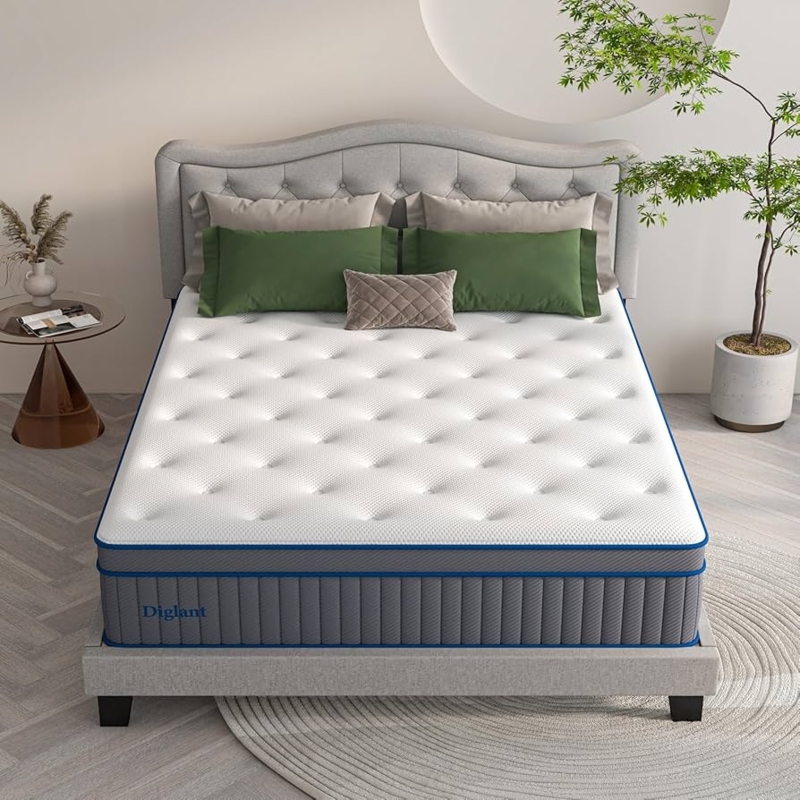 Hybrid Mattress, Quilted Wavy Pattern, Blue Piping, Textured Side Panels, High Profile