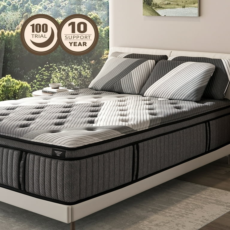 Hybrid Mattress, Thick Profile, Quilted Geometric Pattern, Piped Edges, Clean Aesthetic