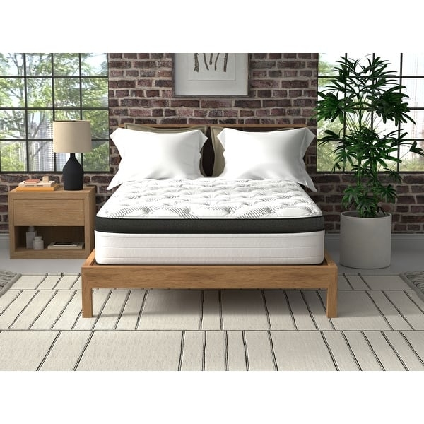 Hybrid Mattress, Vertical Ribbed Sides, Circular Pattern, Blue Accent Piping, Thick Profile