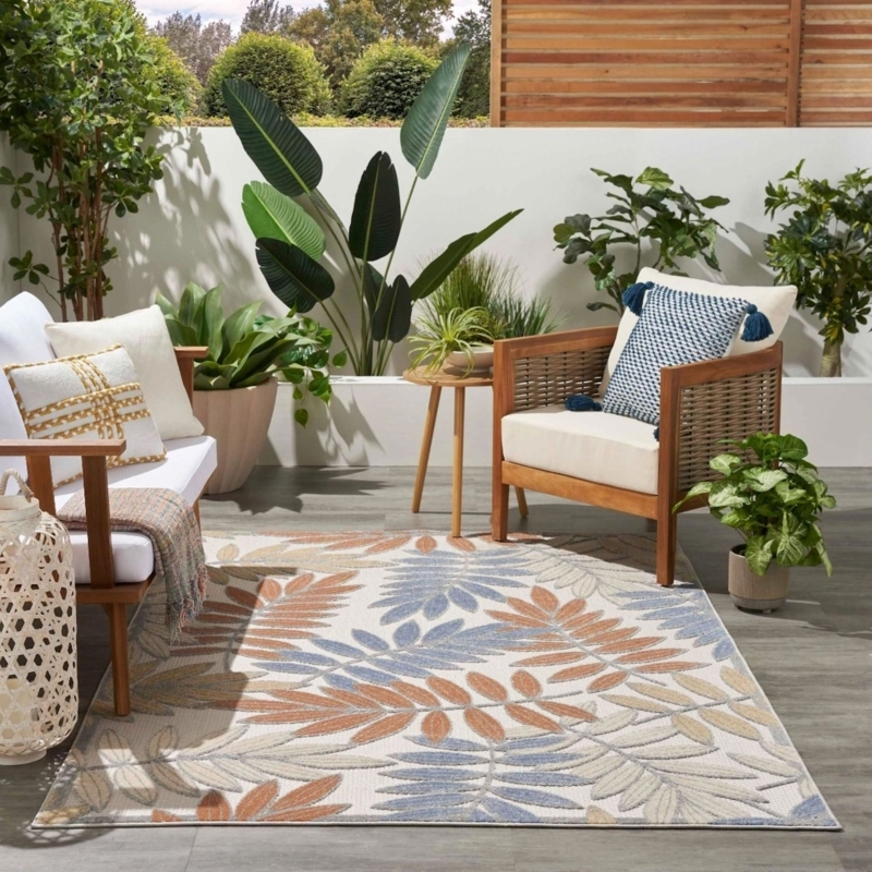 Indoor Outdoor Area Rug: Large-Scale Palm Pattern, Stain Resistant.